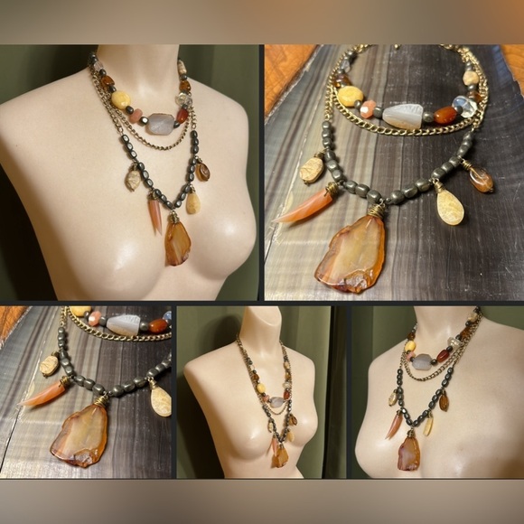 Vintage Layered Semi Precious Cluster Stone Necklace Carnelian Crystal Necklace - Picture 1 of 13
